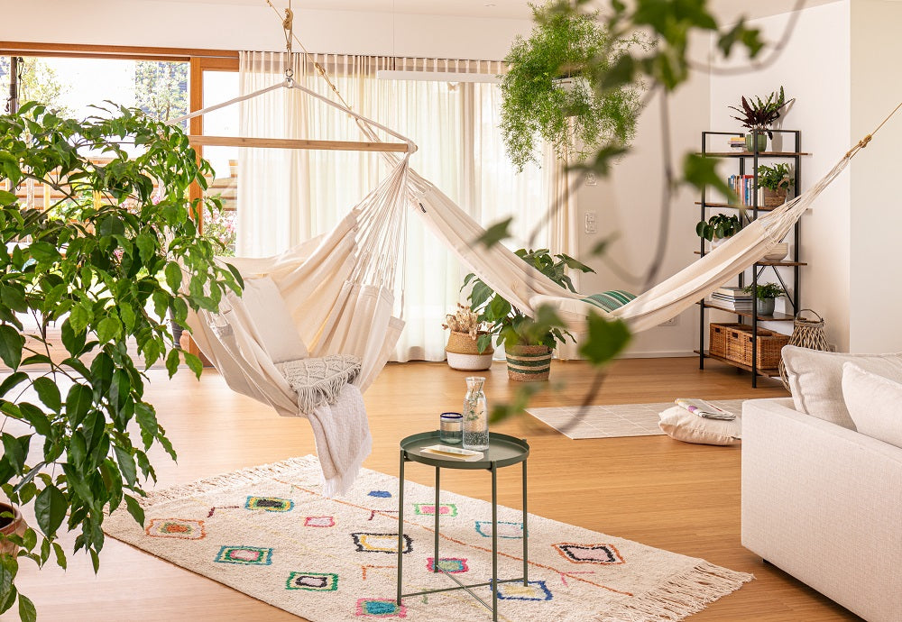 Indoor hammocks hanging inside nice apartment