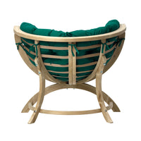 A wooden outdoor lounge chair with a curved backrest, supported by a four-legged frame, featuring a deep green cushion