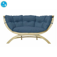 Spruce curved wooden outdoor sofa chair with blue cushions.