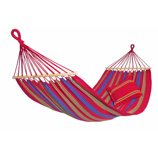 Colorful striped hammock with a pillow on a white background