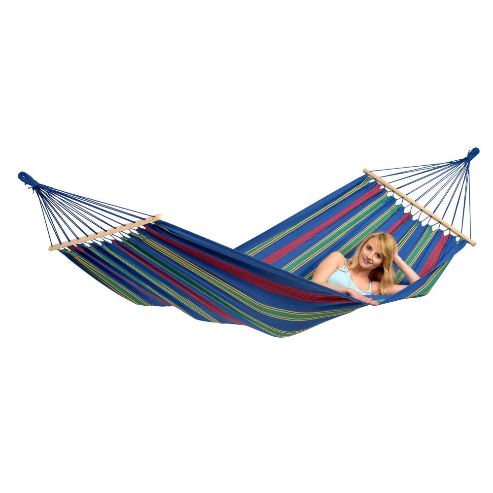Colorful striped hammock with a person on a white background