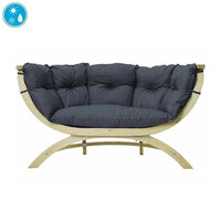 Outdoor sofa chair with dark cushions on a white background