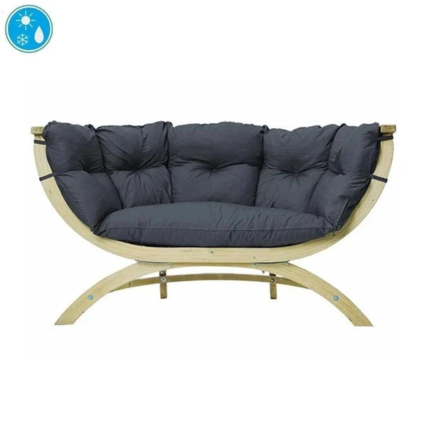 Outdoor sofa chair with dark cushions on a white background