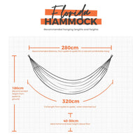 Diagram of a hammock with recommended hanging lengths and heights.