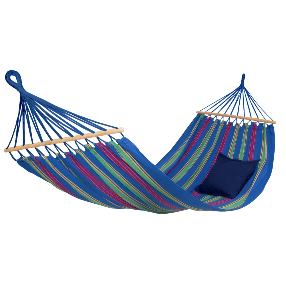 Colorful striped hammock with a pillow on a white background