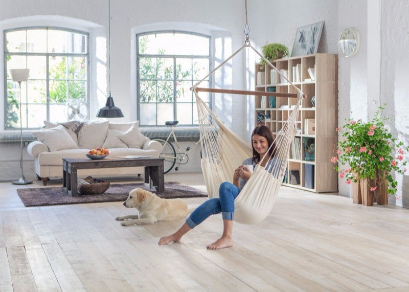 La Siesta Latte organic cotton chair hammock suspended from ceiling