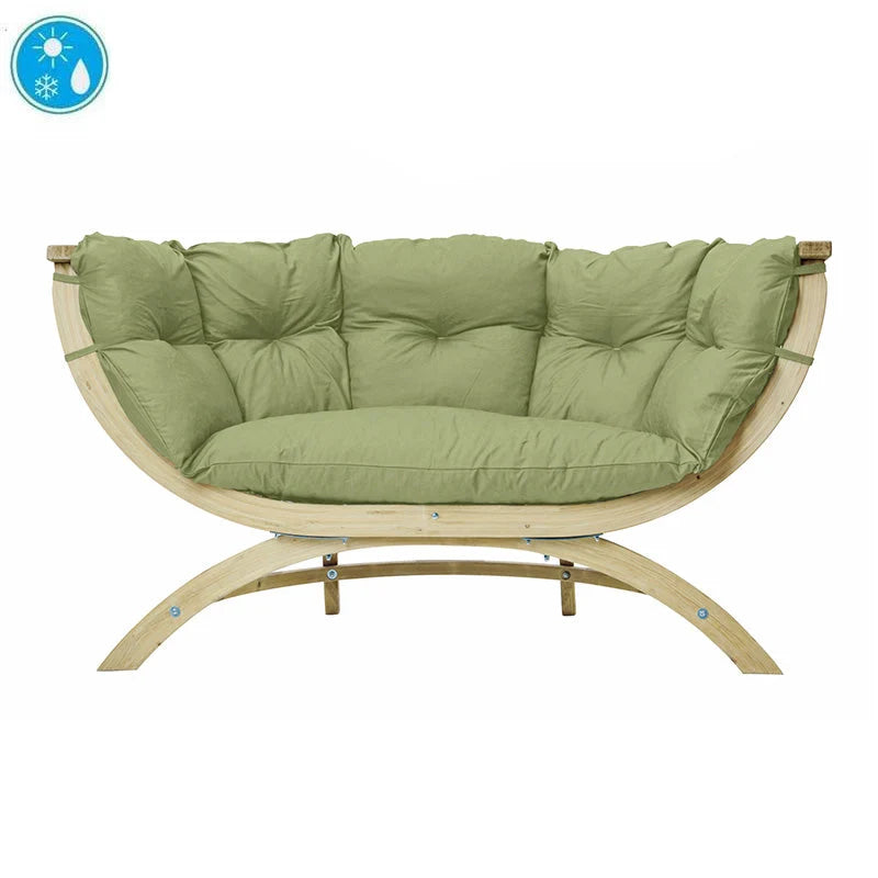 Green cushioned outdoor garden chair with wooden frame