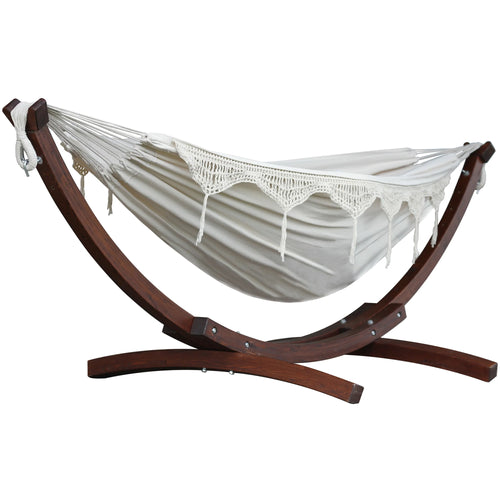 Wooden hammock stand with natural white cotton hammock