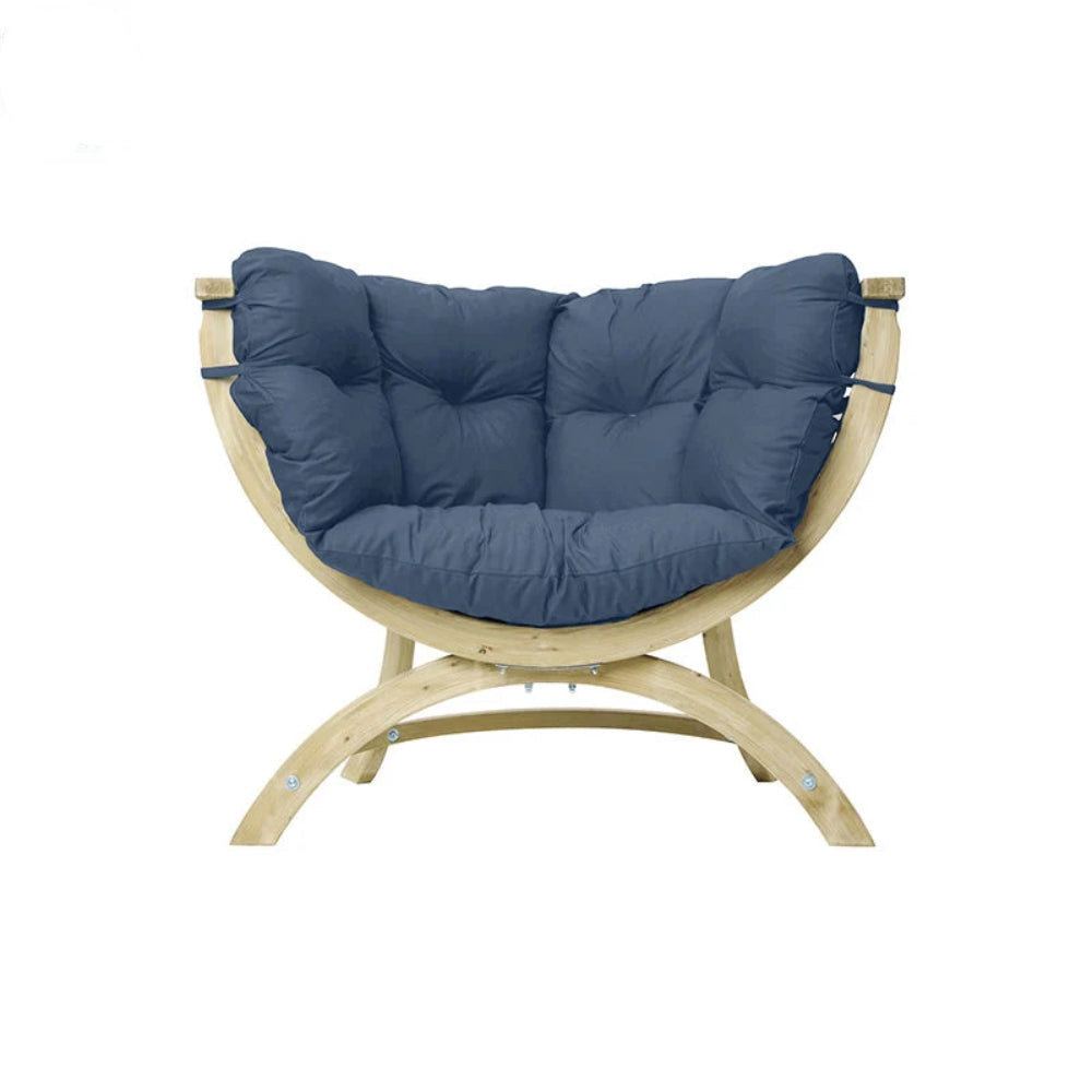 Curved wooden outdoor garden chair with navy blue padded cushions