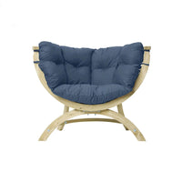 Curved wooden outdoor garden chair with navy blue padded cushions