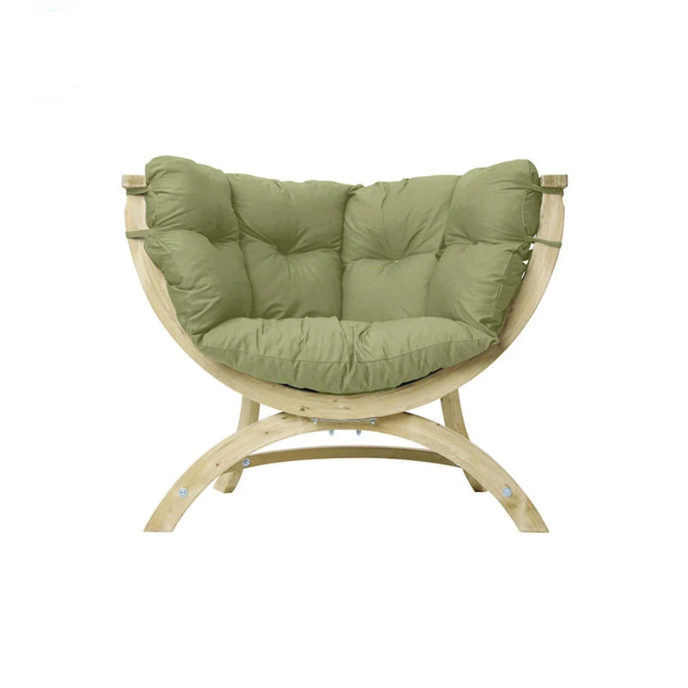 Green cushioned chair with wooden frame