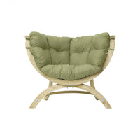 Green cushioned chair with wooden frame