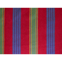 Striped fabric with red, green, and blue pattern on a white background