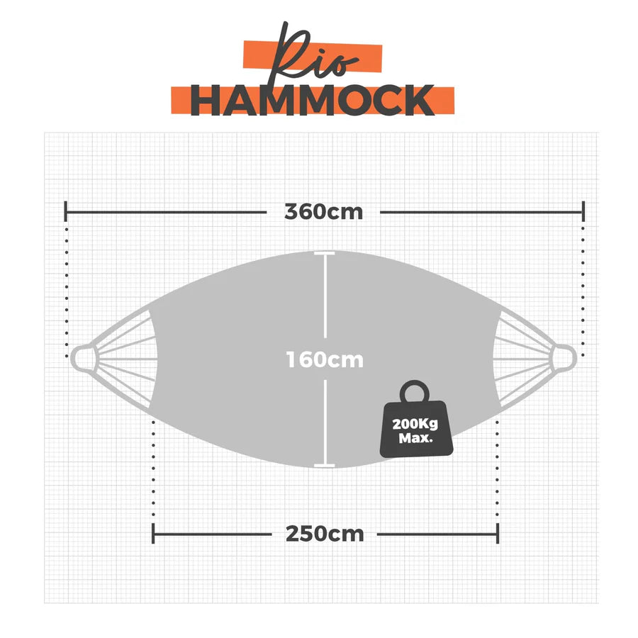 Hammock size chart with dimensions and weight capacity on a white background