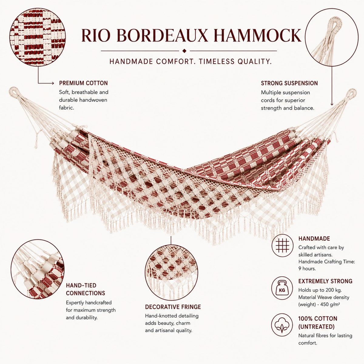 Rio Bordeaux hammock with features highlighted on a white background