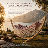Rio Bordeaux Hammock & Troja Hammock Stand (XL) with scenic background