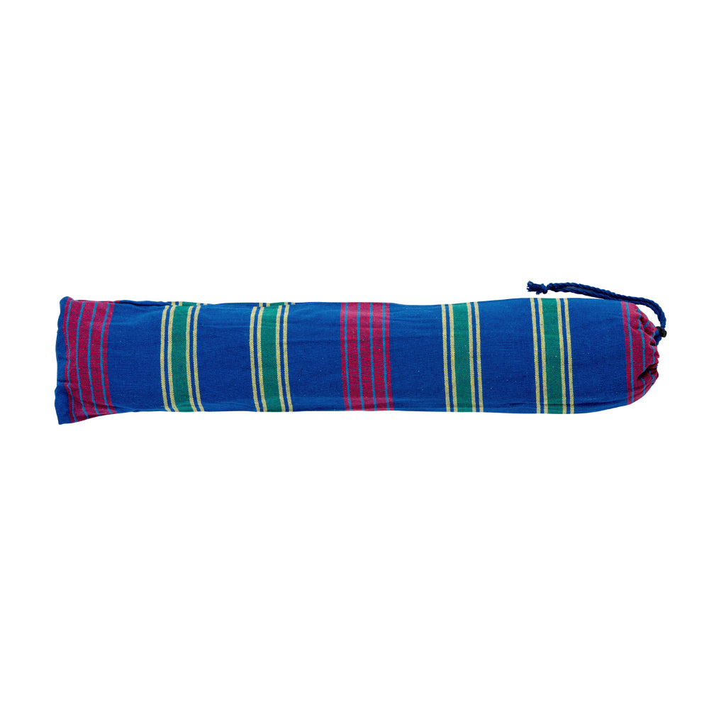 Striped fabric roll with blue, red, and green colors on a white background