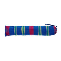 Striped fabric roll with blue, red, and green colors on a white background