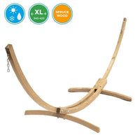 Wooden hammock stand on a white background with icons indicating features.