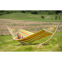 single spreader bar yellow hammock on wooden arc hammock frame