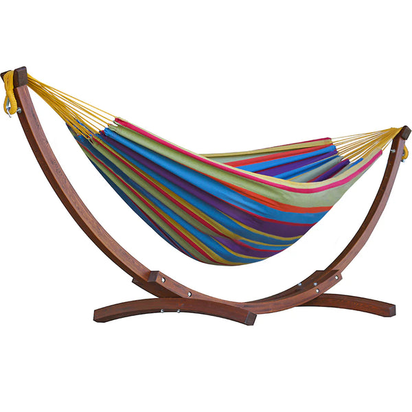 Bright hammock with wooden stand