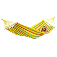 Woman relaxing in colourful yellow hammock