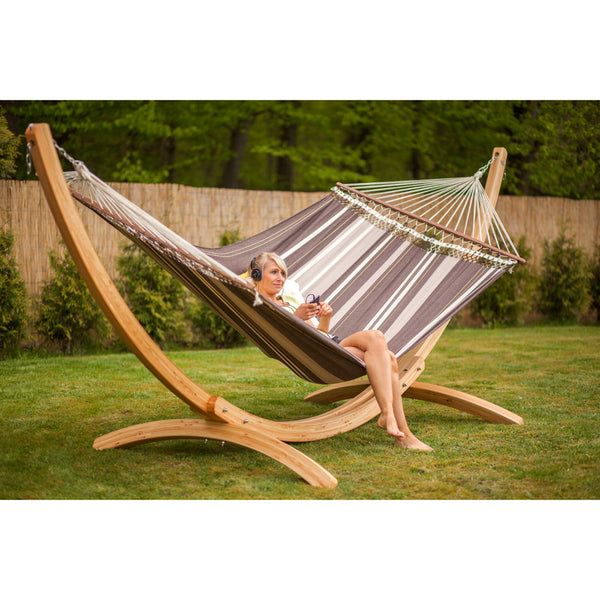 wooden hammock stand in garden