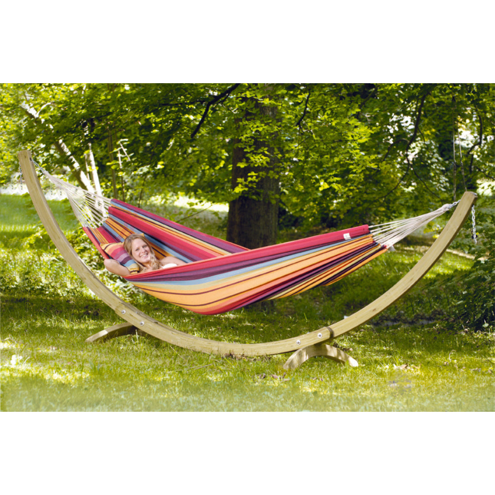 Large wooden hammock frame with rainbow coloured hammock